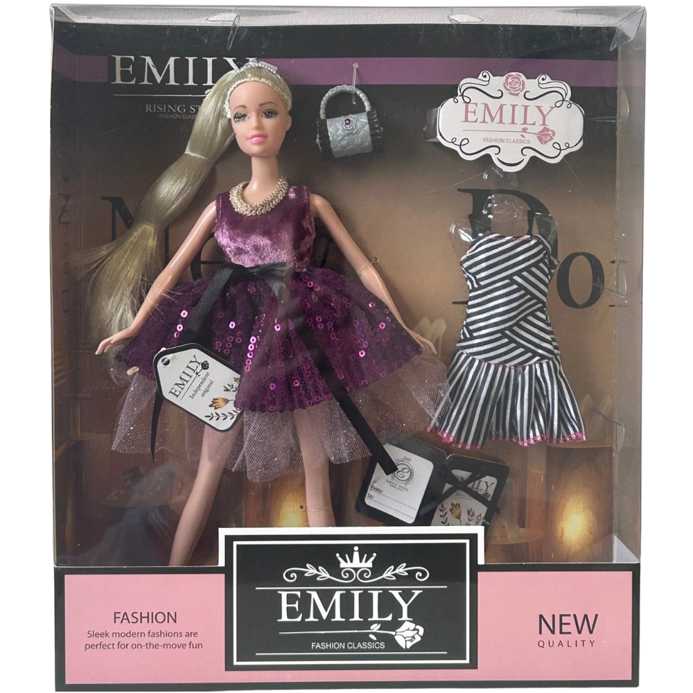 Long Hair Doll Emily with Accessories, Dress and Handbag, Fashion Toy Gift for Girls