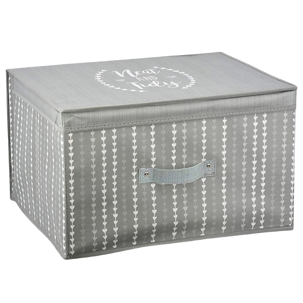 Large Collapsible Storage Box with Lid Folding Jumbo Chest Grey Heart Design