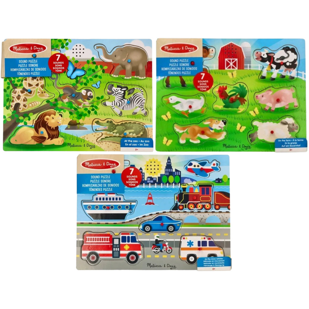 Melissa & Doug Wooden Sound Puzzle 7-Piece Vehicle Peg Puzzle for Toddlers Ages 2+