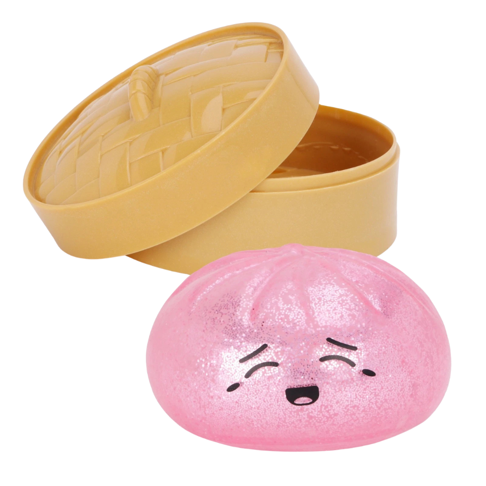 Toyland® Glitter Pink Squishy Bao Dumpling Fidget Toy with Reusable Steamer Box – Sensory Squeeze Toy Ages 3+