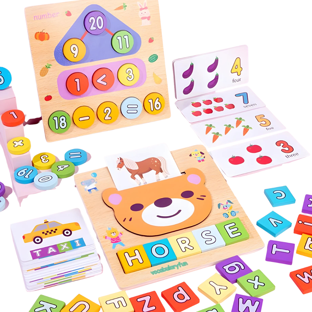 RLS Wooden 2-in-1 Jigsaw Puzzle and Matching Game for Kids with Letters, Numbers and Cards