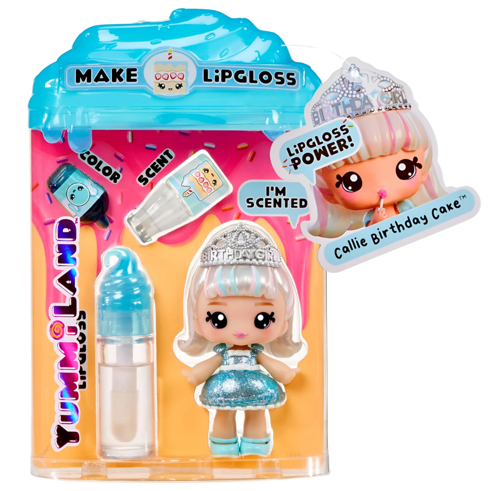 MGA Yummiland Callie Birthday Cake Doll with DIY Shimmer Lip Gloss Kit and Fashion Accessories