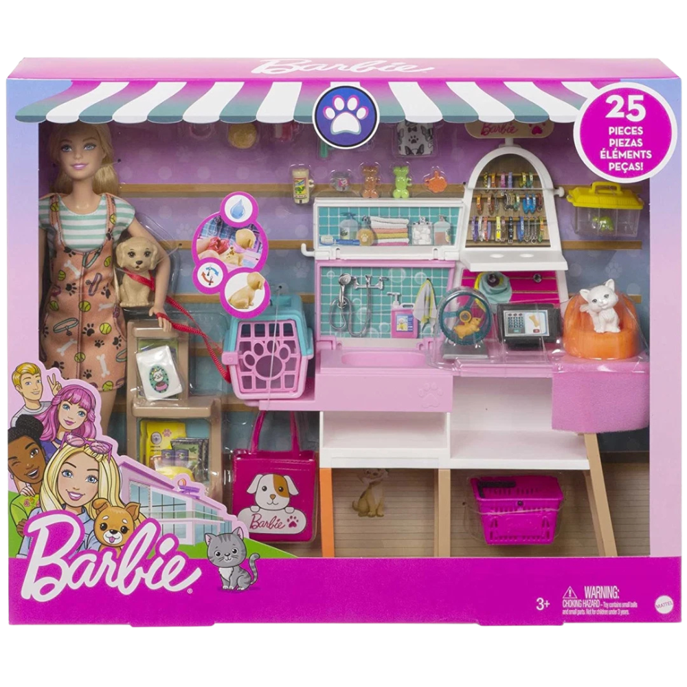 Barbie Pet Supply Store Doll with Puppy Kitten Costume 25-Piece Playset Mattel Kids Toy Set
