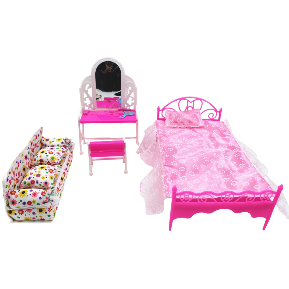 Plastic Doll Furniture Set Bed Dressing Table & Soft Sofa Pink