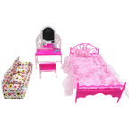 Plastic Doll Furniture Set Bed Dressing Table & Soft Sofa Pink