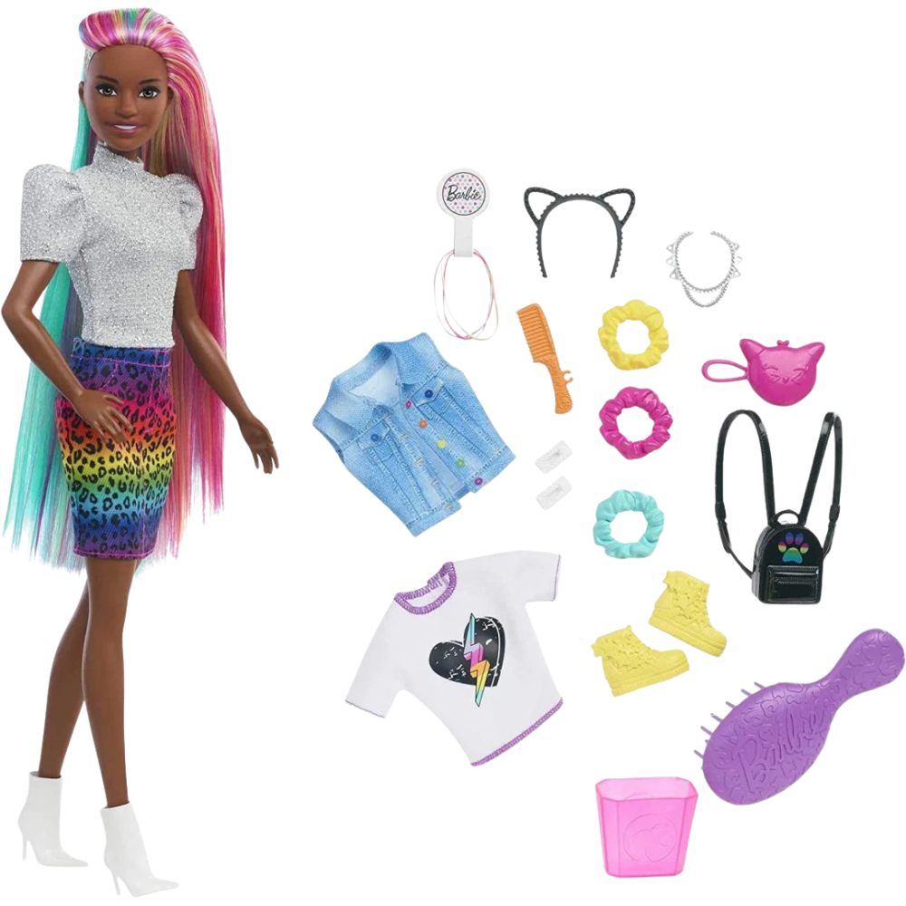 Barbie Leopard Rainbow Hair Doll with Accessories Cheetah Print Hair Kids Toy