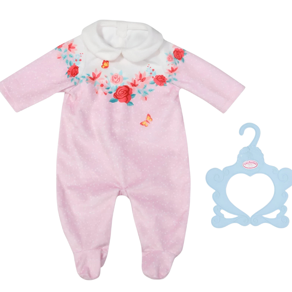 Baby Annabell Pink Romper Outfit Set for 43cm Dolls with Rose Print, Collar and Clothes Hanger