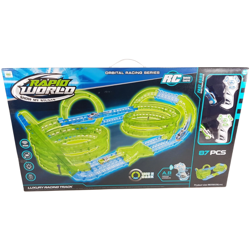 Glow in the Dark Battle Race Track Set 87 Piece Rc 2 Player Twin Car Kids Gift Toy Set