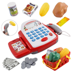 Kids Electronic Cash Register Toy Working Scanner Till Play Food Shopping Basket Lights Sounds