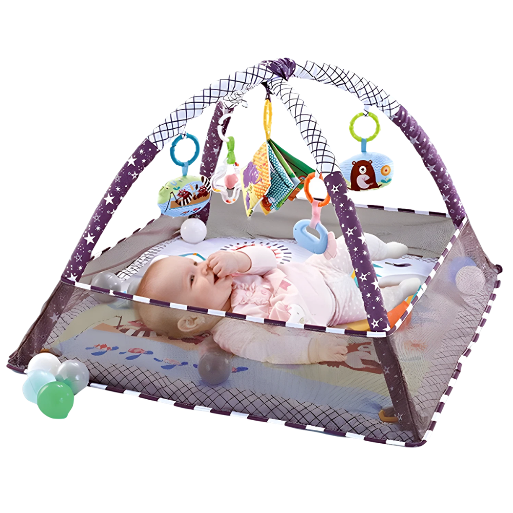 RLS Grey Baby Activity Gym Play Mat with Safety Net 5 Hanging Toys