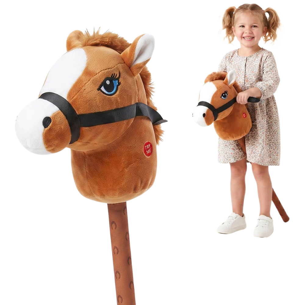 Brown Hobby Horse on a Stick with Galloping Sounds Plush Mane Soft Toy for Kids