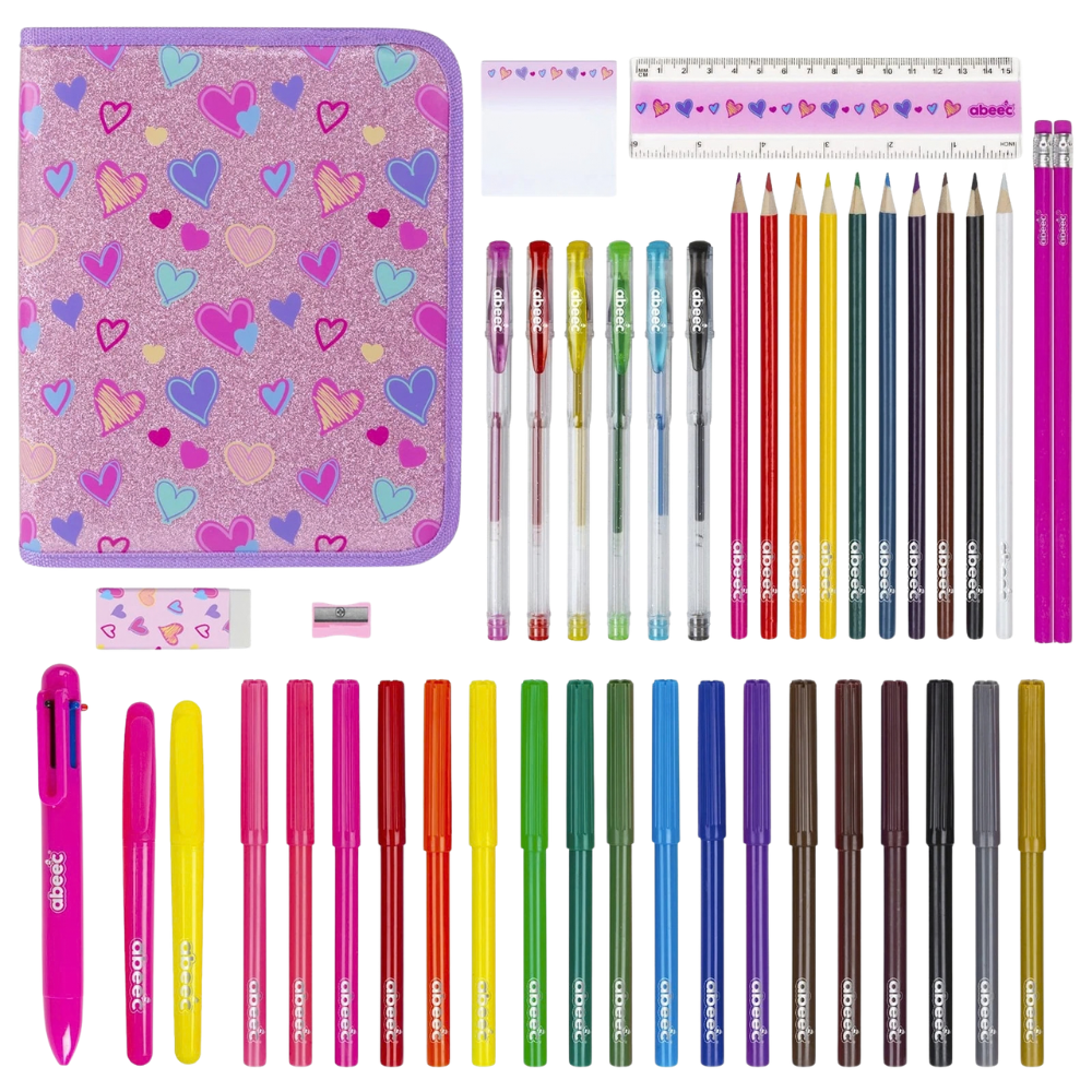 Abeec 44 Piece Glitter Pencil Case Stationery Set for Girls Creative School Supplies
