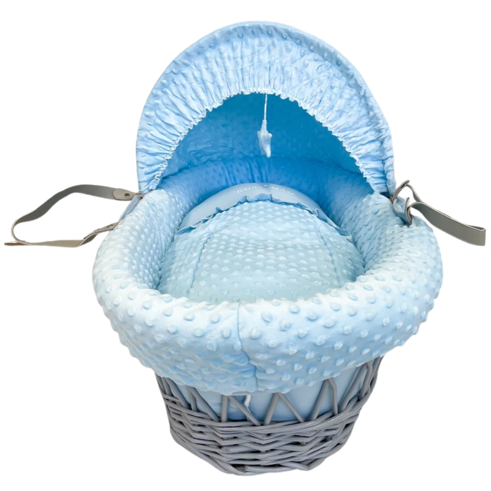 Luxury Wicker Moses Basket Baby Full Set Padded Liner Mattress & Hood Dimple Bedding Grey & Blue