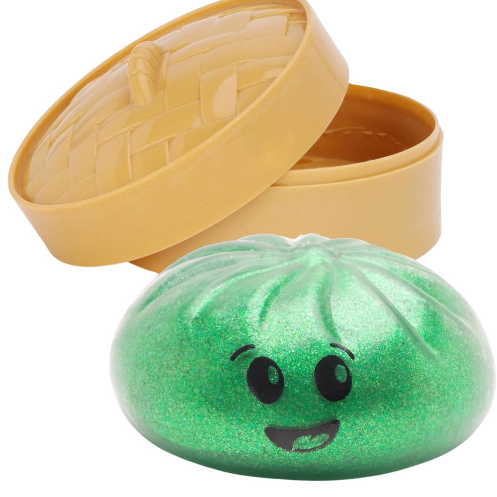Toyland® Shiny Green Squishy Bao Dumpling Fidget Toy with Reusable Steamer Box – Sensory Squeeze Toy Ages 3+
