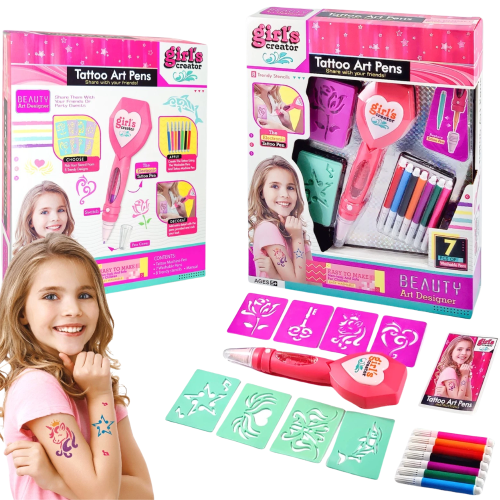 Kids Temporary Tattoo Stickers & Glitter Pens Art and Craft Fun Set