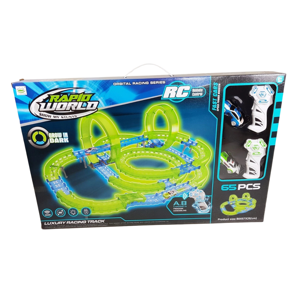 Glow in the Dark Racing Track Set 65 Piece Rc 2 Player Slot Cars Loops Stunts Kids Gift 6+