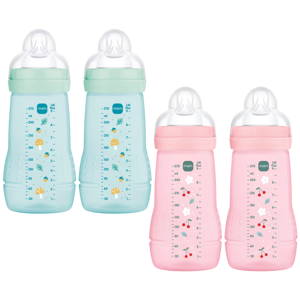 MAM Easy Active Baby Bottles 270ml Twin Pack, SkinSoft Medium Flow Teat, Blue or Pink