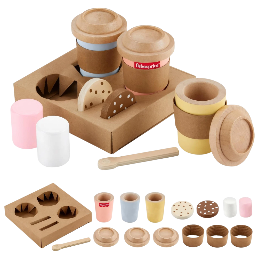 Fisher-Price Wooden Coffee To Go Set Pretend Cafe Play Toy 15 Piece Kids Gift 3+ Years