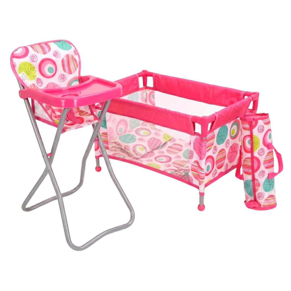 BiBi Doll Travel High Chair & Cot Set Carry Bag Bedding & Feeding Tray for Dolls