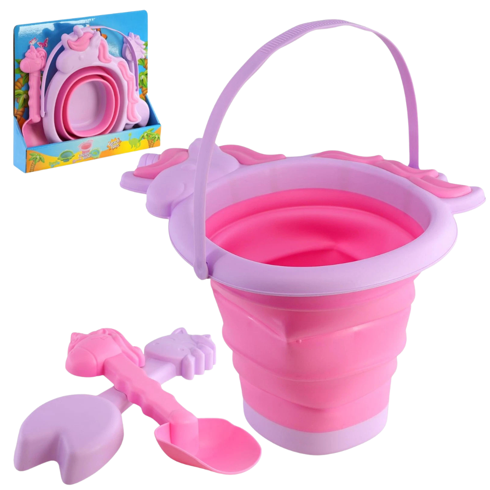 Kids Foldable Beach Bucket Spade Set Collapsible Unicorn Sandpit Toys Shovel Rake Outdoor Play
