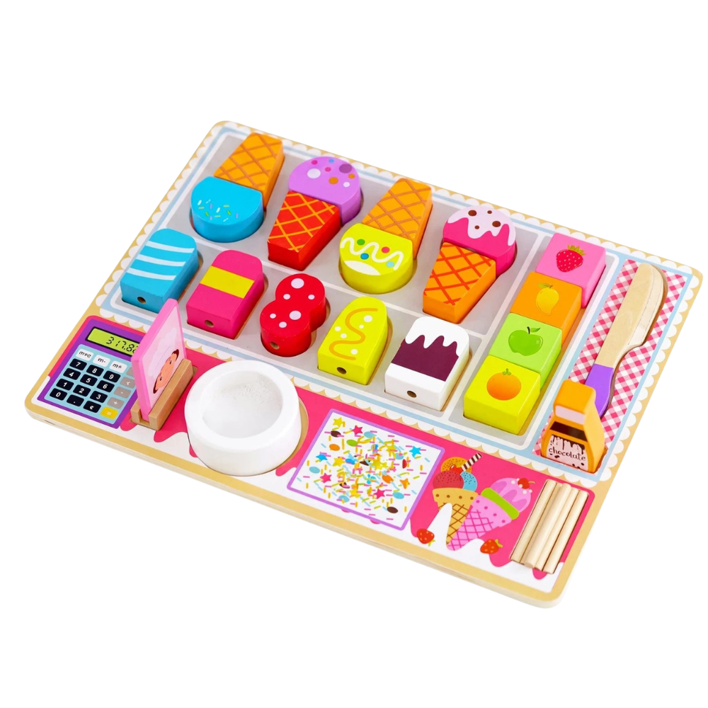 Kids Wooden Ice Cream Shop Set Toy Pretend Play Cafe Kitchen Set Cones Popsicles Fruits