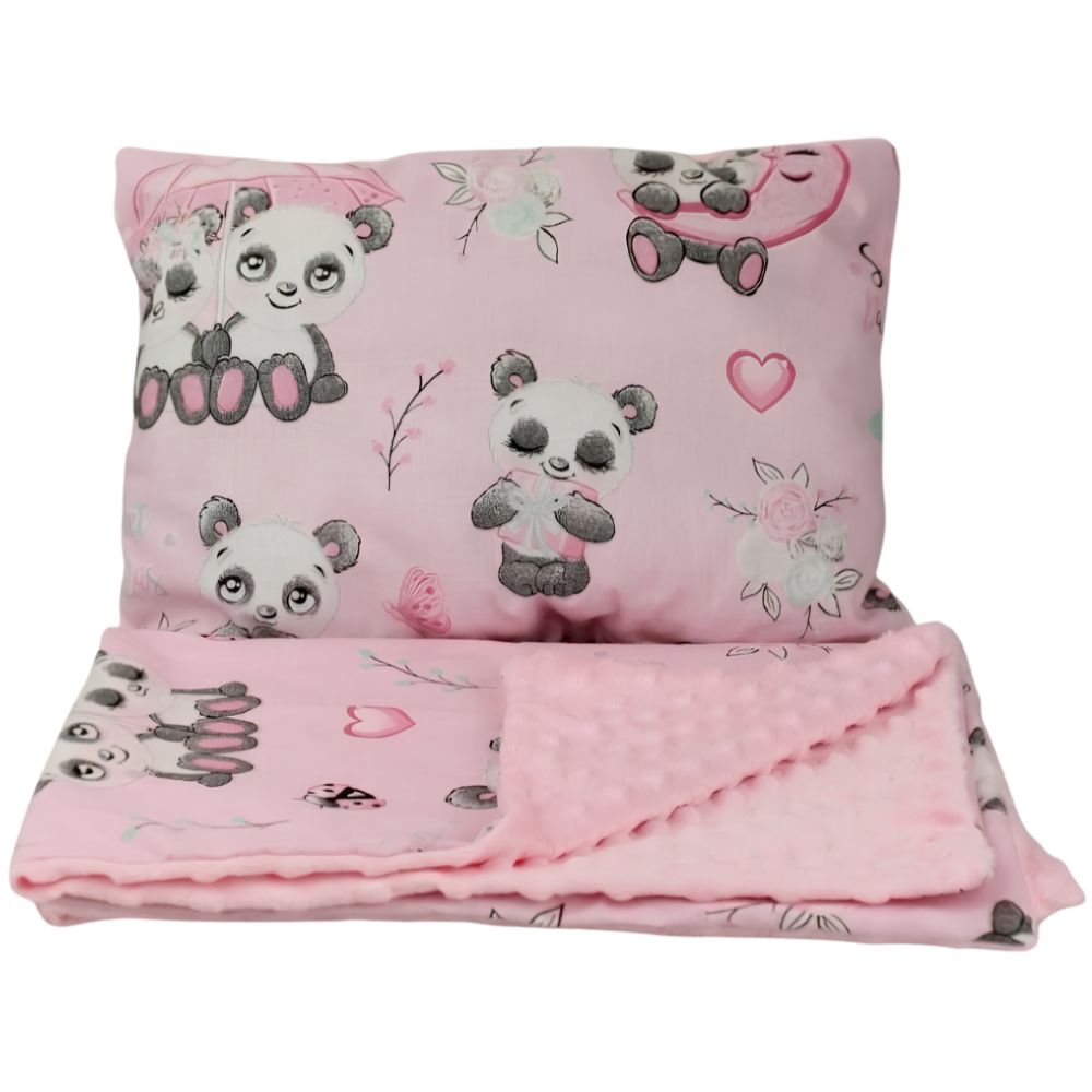 Pink Panda Baby Blanket and Pillow Set Cotton Minky Bedding for Pram and Crib