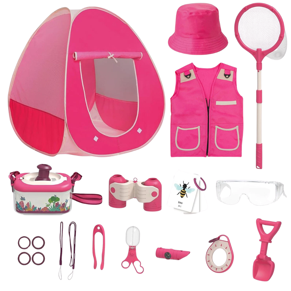 Kids Adventure Kit Pink Tent Costume Bug Catcher Binoculars Magnifying Glass Nature Set Toy