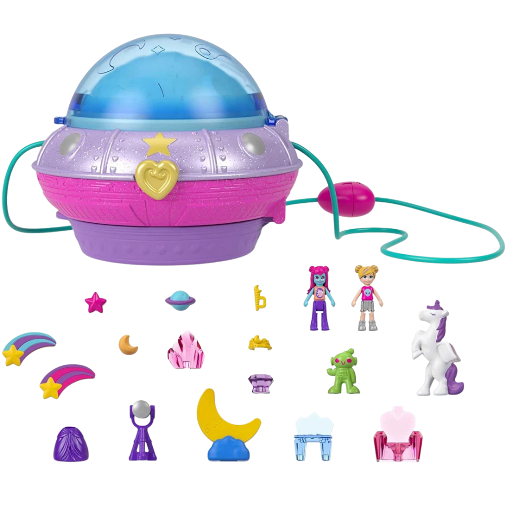 Polly Pocket Double Play Space Compact 2 Micro Dolls 15 Accessories Kids Travel Playset