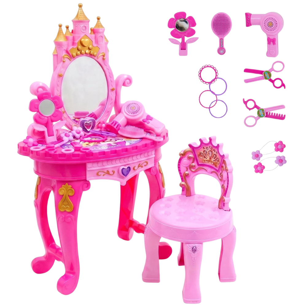 Kids Princess Vanity Dressing Table Stool Set Girls Toy Mirror Hairdressing Accessories Pink