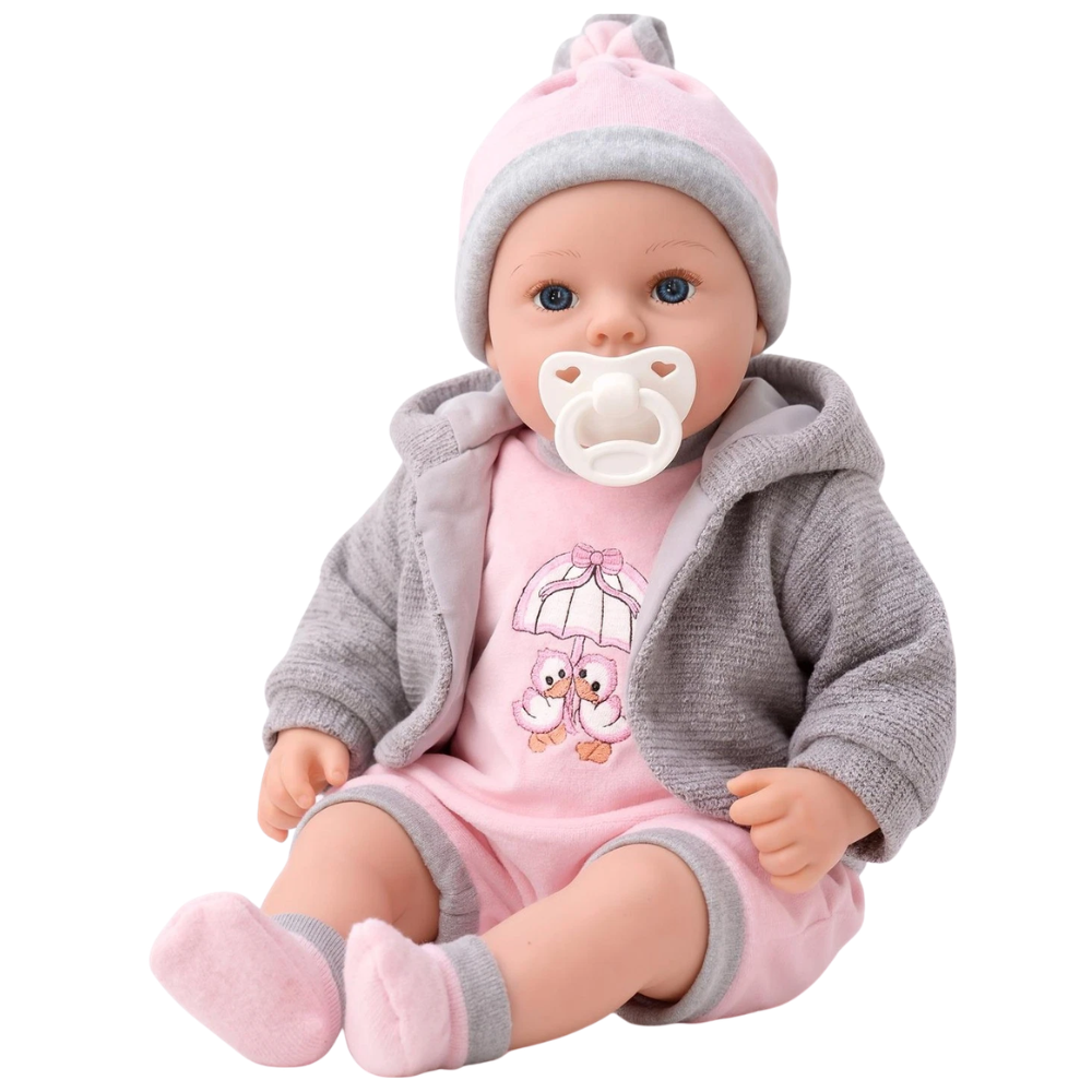 Bibi Baby Doll Girl 18 Inch Lifelike Soft Body Pink Grey Clothes 16 Sounds Toy for Playtime