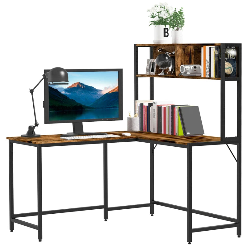 Industrial L-Shaped Desk with Storage Shelf – Home Office, Brown