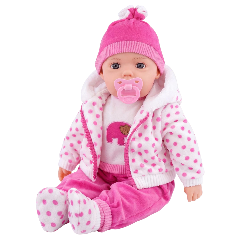 20" Baby Doll Girl Dots Soft Body Toy with 16 Sounds Dummy & Polka Dot Outfit Pink