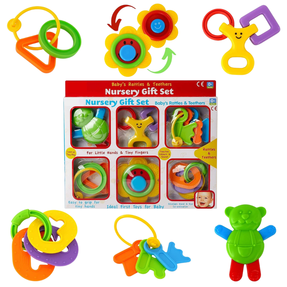 6 Pc Baby Rattles and Teethers for Babies Infant Playset Newborn Sensory Toy Set