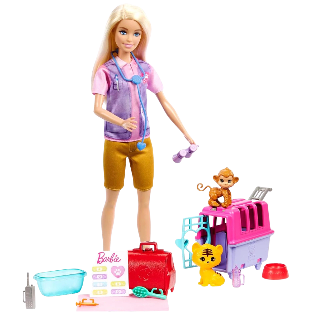 Barbie Careers Animal Rescue Vet Doll Playset Blonde Doll Pet Tiger Monkey 12 Accessories 3+