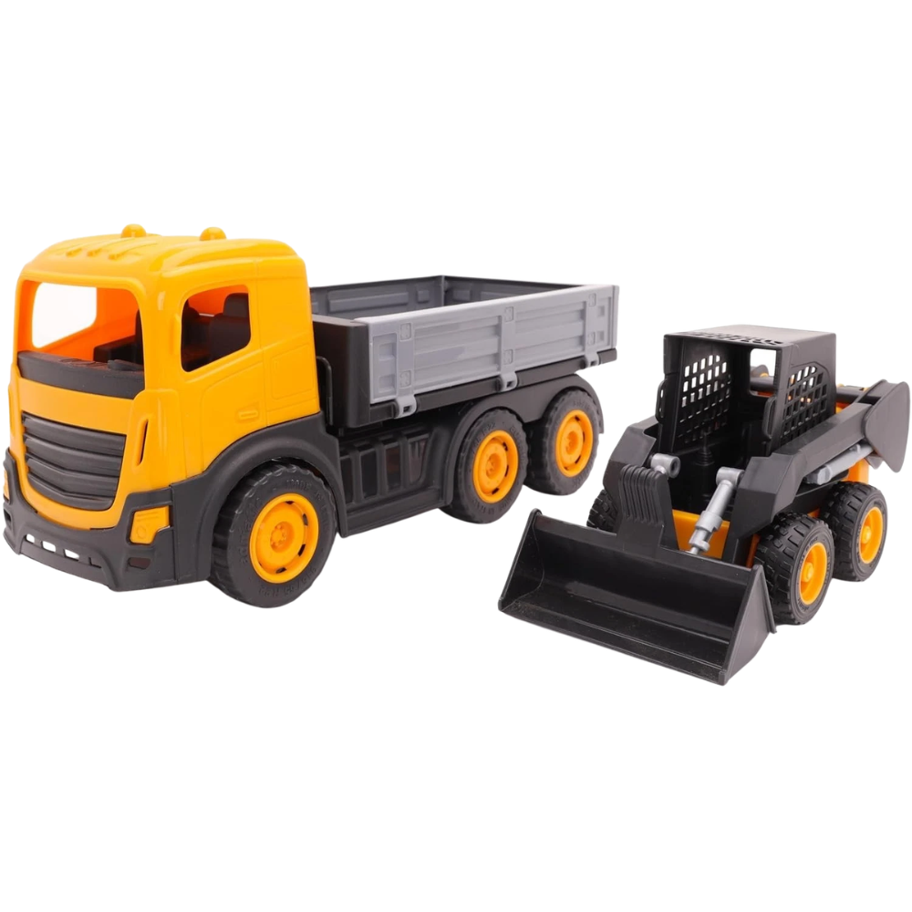 Toyland Set of 2 Construction Trucks, 1:16 Scale Dump Truck & Skid Steer with Moveable Wheels & Parts
