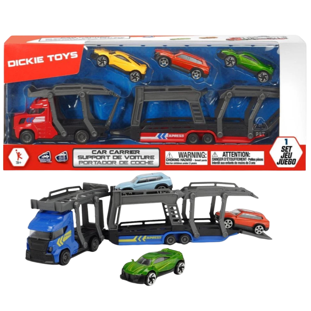 Dickie Toys Blue Car Carrier Truck with 3 Cars Diecast Model Toy 1:64 Scale Transport Set