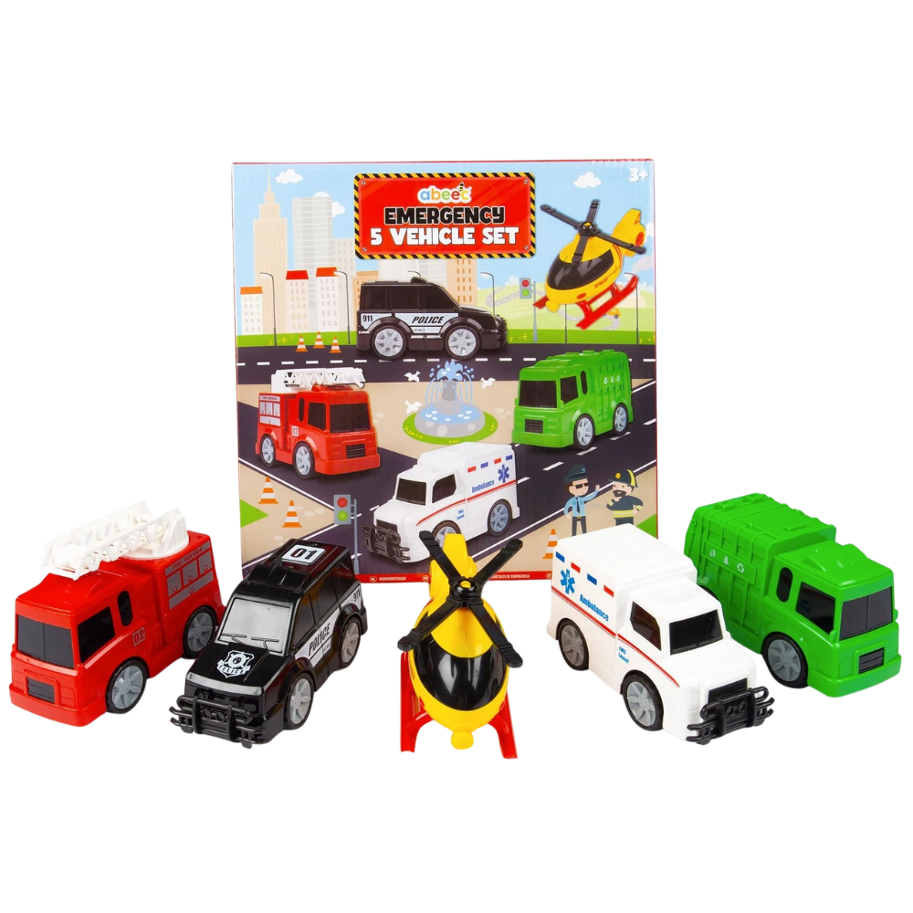 Abeec Emergency Vehicles Toy Set 5 Pack Police Fire Ambulance Helicopter Bin Lorry Pretend Play 3+