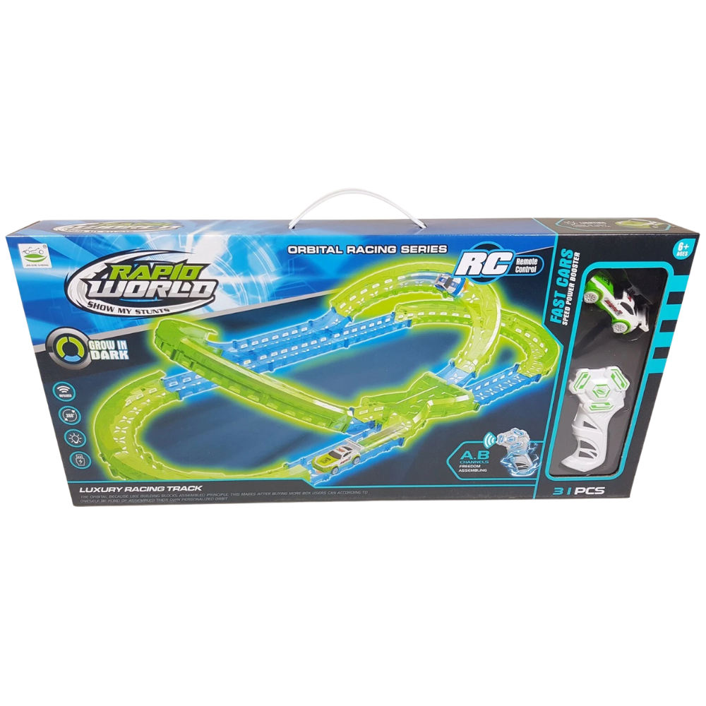 Glow in the Dark Stunt Race Track Set 31 Piece Rc Remote Control Car Kids Gift Toy Set