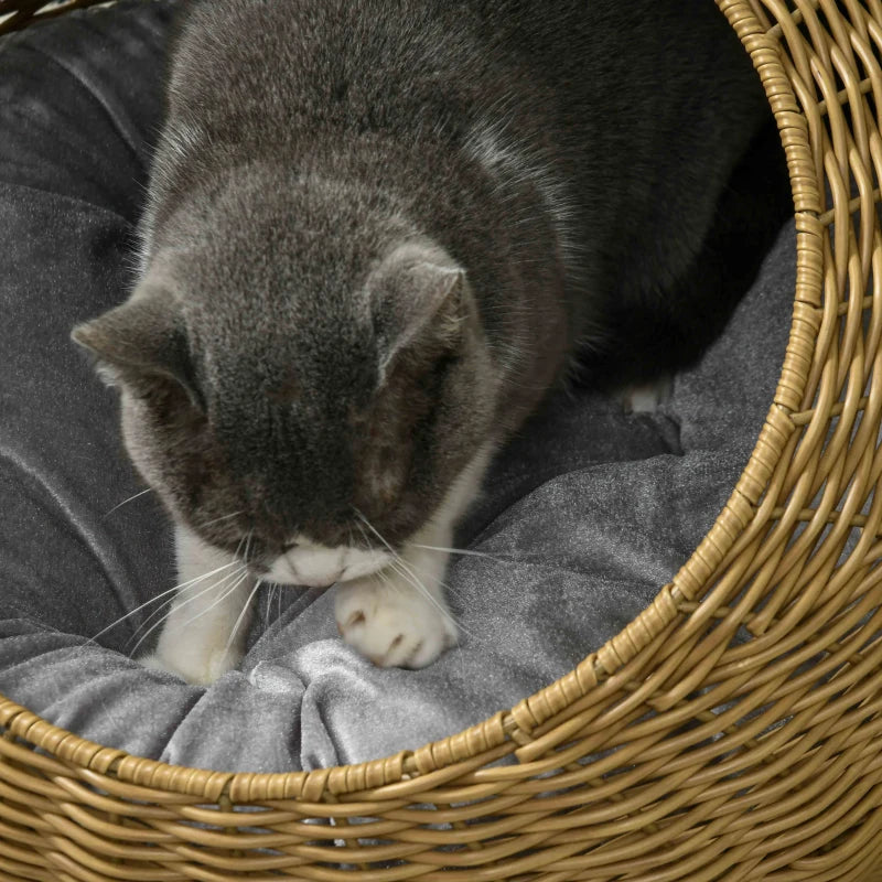 Light Brown Wicker Cat House with Washable Cushion