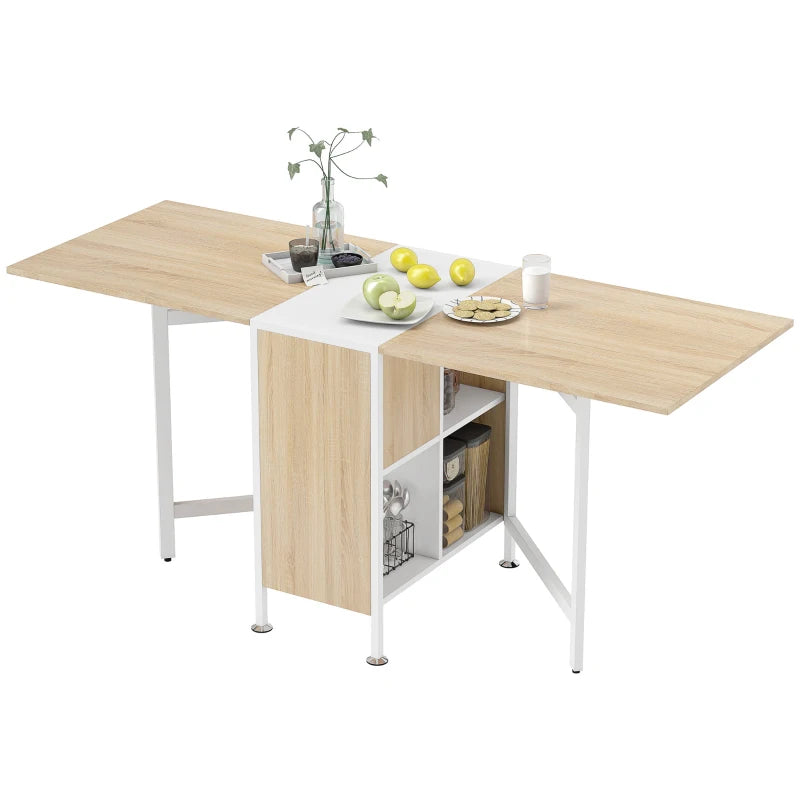 Small Space Dining Table – Drop Leaf Foldable Table with Storage, Oak/White