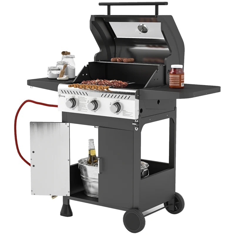Outdoor Gas BBQ Grill 7.5kW with Three Burners and Clear Lid in Black Finish