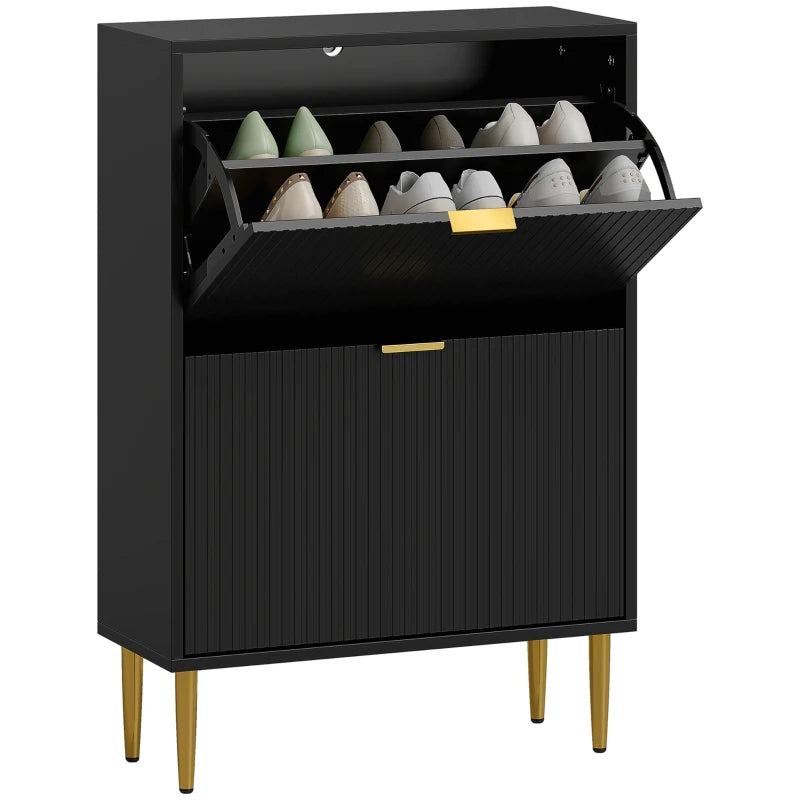 Black Shoe Storage Cabinet, Narrow Design with 2 Flip Drawers