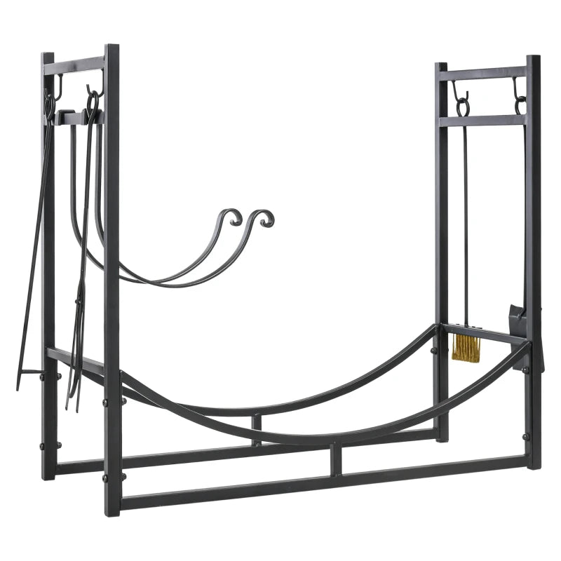 Fireplace Log Holder with Tools and Hooks, 2-Tier Metal Wood Rack, Black, 84x33x76 cm