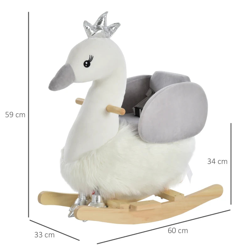 Plush Swan Rocker with Sound, Wooden Base & Safety Belt – Toddler Ride-On Toy