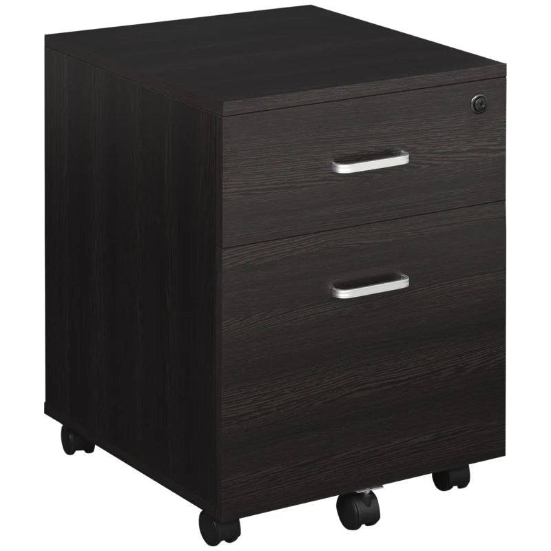Black Wood Grain 2-Drawer Locking Filing Cabinet with Wheels