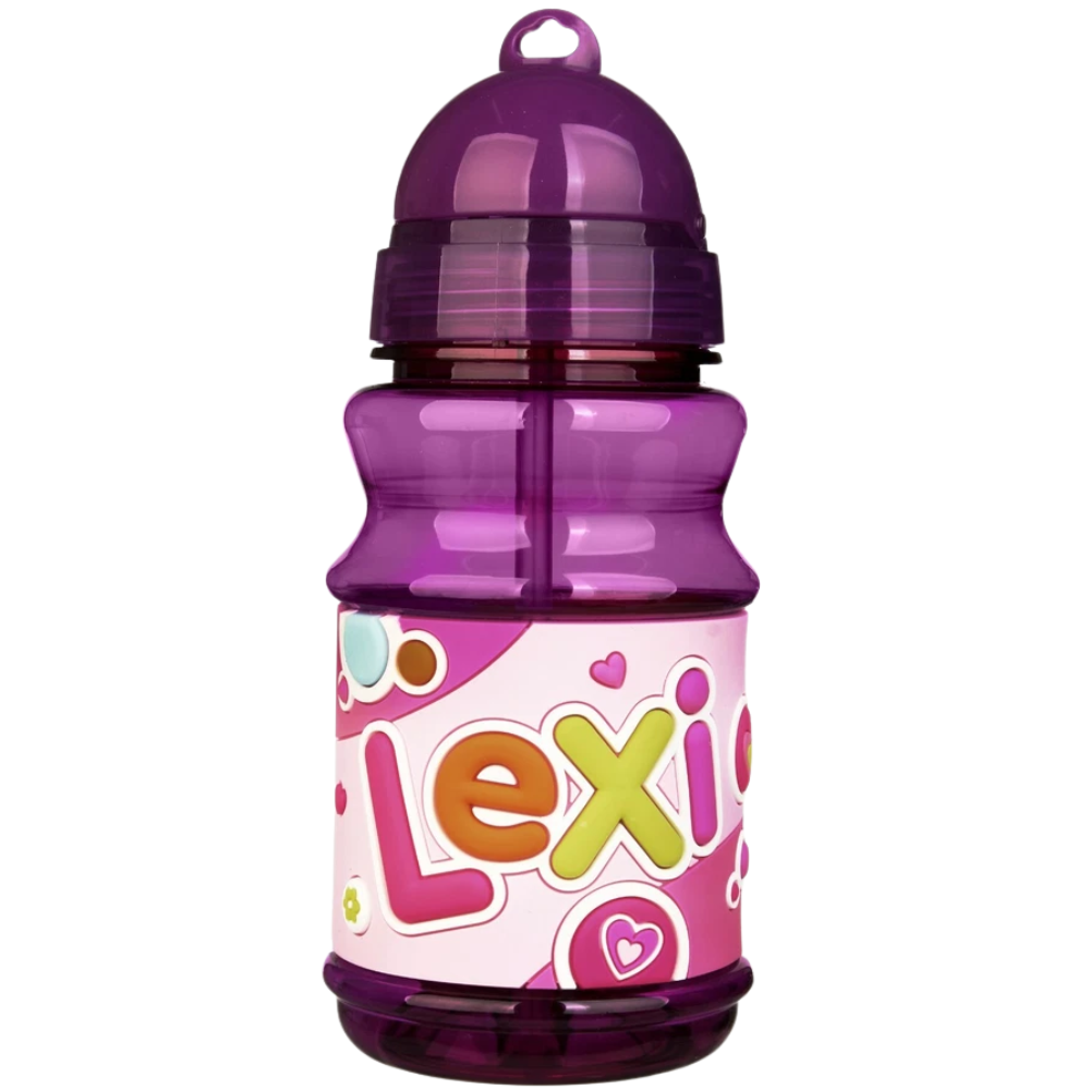 Personalised Girls Boys Name Water Bottle Flask Flip Top Pop Out Straw Kids Lunch Cup