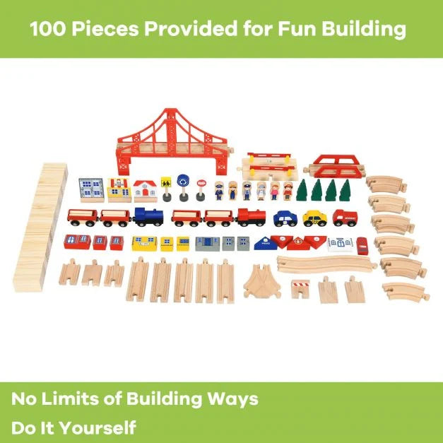 100-Piece Wooden Railway Train Set for Kids with Track and Play Table