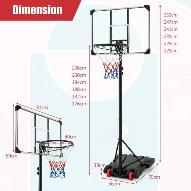 Portable Basketball Hoop 223–253 cm with Wheels and Fillable Base
