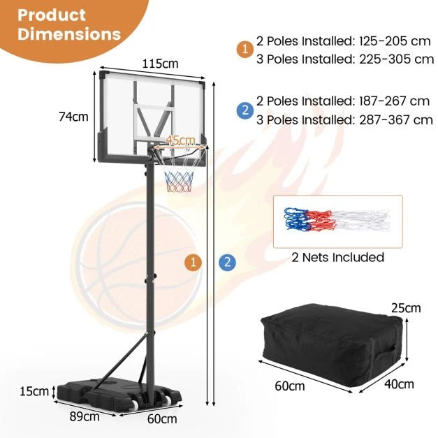 225–305cm Basketball Hoop with 110cm Shatterproof Backboard