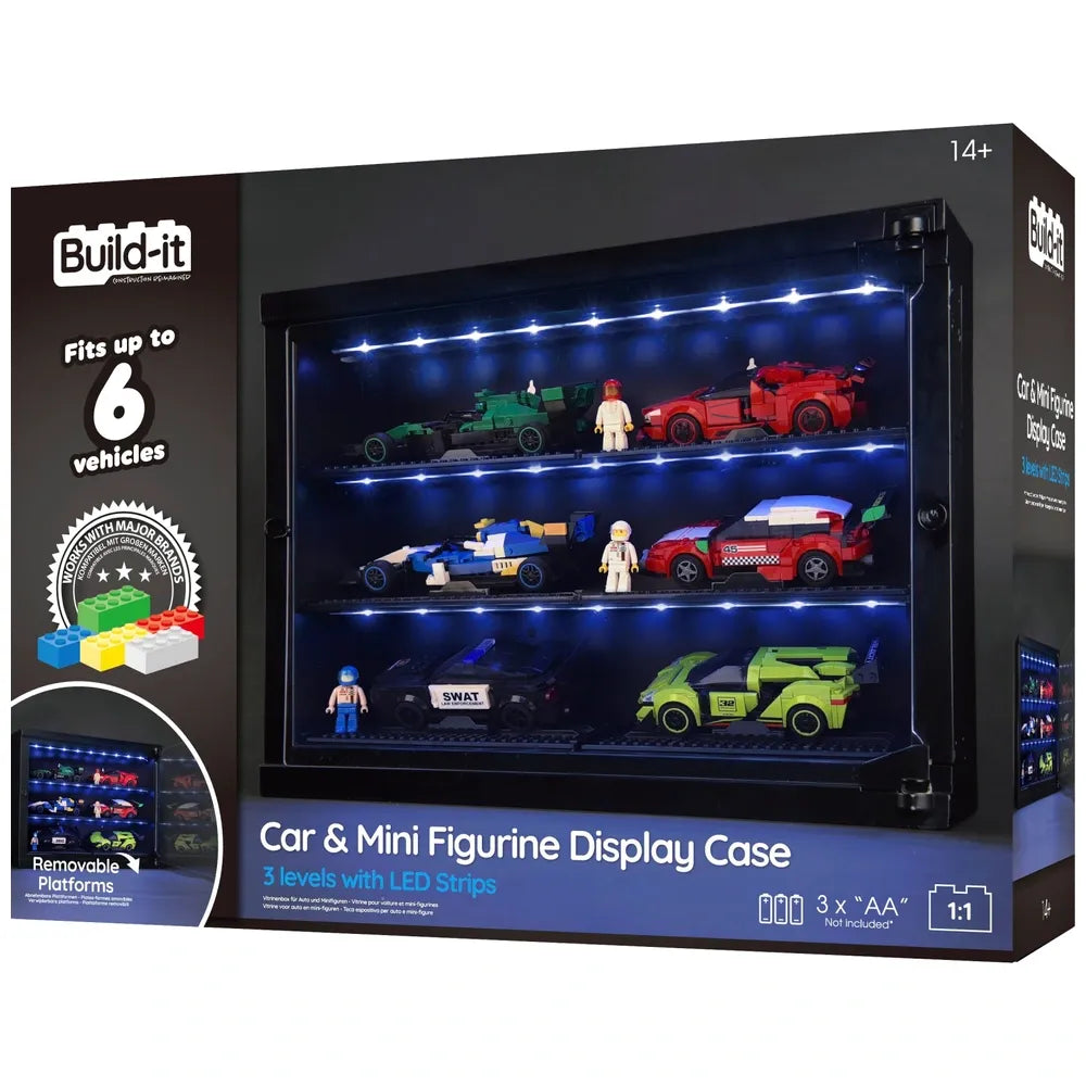 Build-It Car & Mini Figure Display Case with LED Light Cabinet